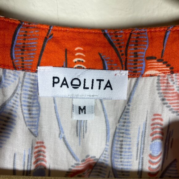 Paolita Women's Orange Blue Print Casual Peplum Dress M Lightweight Cotton! - Picture 2 of 5